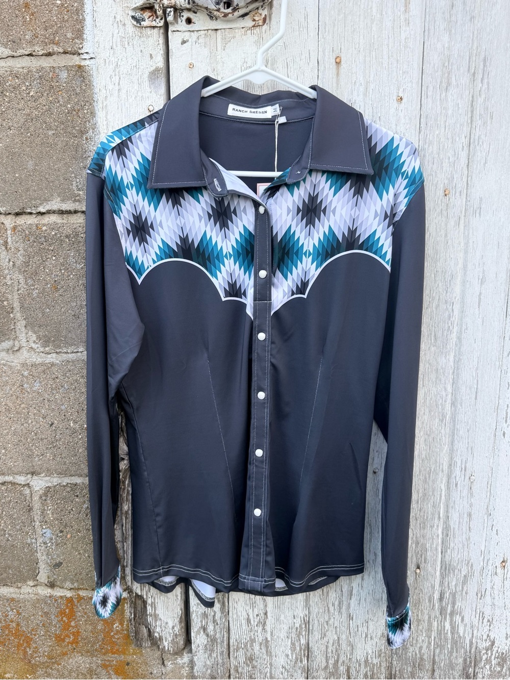 Charcoal Button-Down Shirt with Teal Geometric Yoke